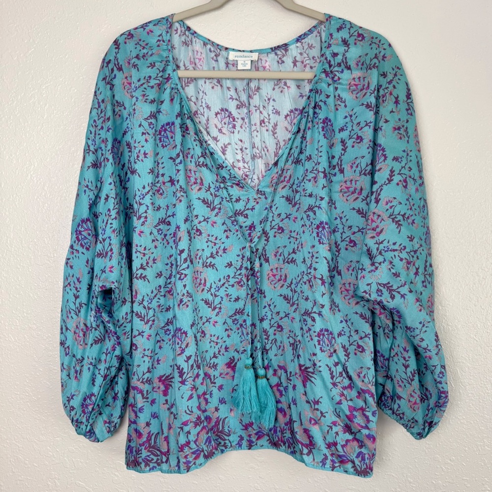 Sundance Arielle sweet floral silk top dolman sleeve tassel blouse S - Picture 2 of 12